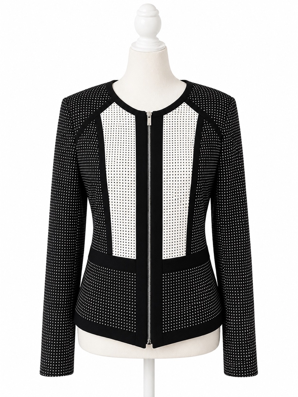 Calvin Klein Jacket Womens 8 Black White Polka Dot Zip Front Blazer Career